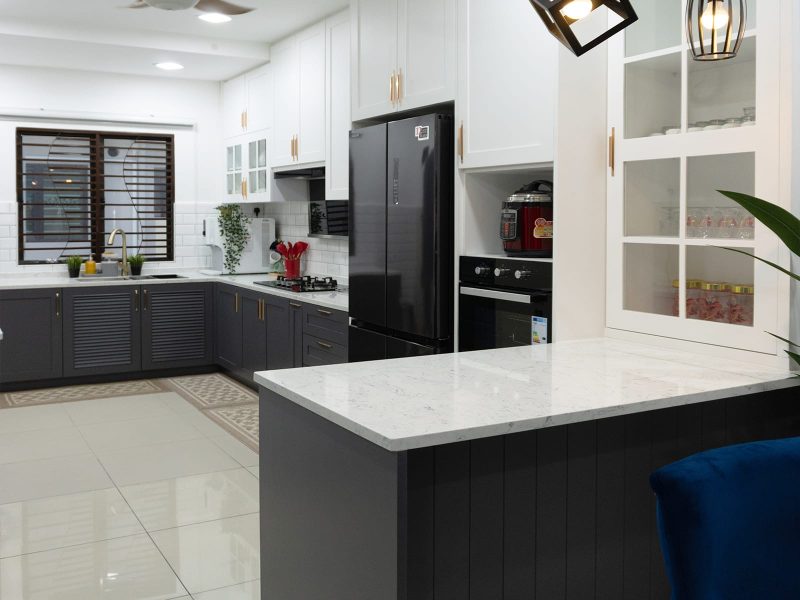 Dark Grey & White Kitchen with Bar Island - Peninsula Layout